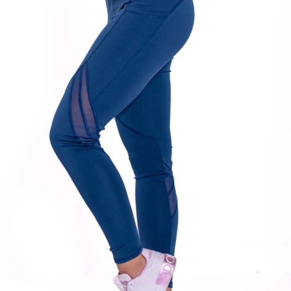 High-Waisted & Mash Panel Gym and Yoga Leggings with Side Pockets Denim Blue - Picture 3 of 6